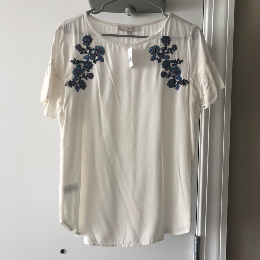 NWT LOFT White Blouse w/ Blue Floral Detail